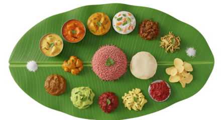 A vibrant traditional south indian meal served on a banana leaf with various curries and rice