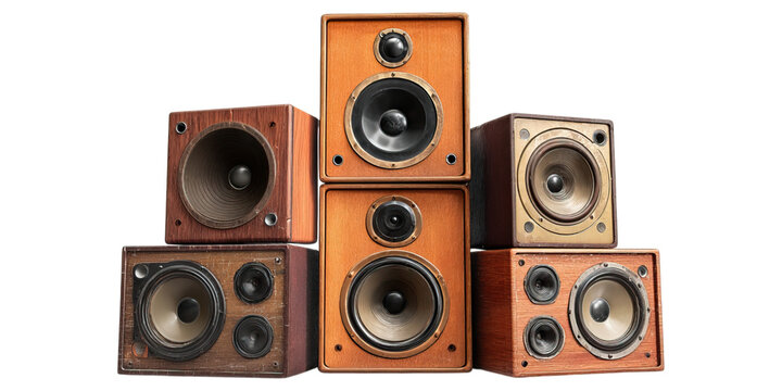 Pile of vintage speakers stacked in collection concept. Vintage wooden speakers arranged in an artistic design.