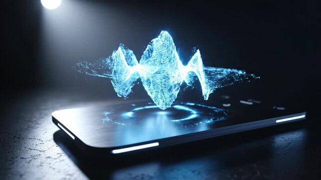 Mobile phone with blue sound wave visualization animated above it. Abstract representation of voice recognition for internet calls.