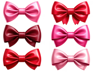 Set of bow icon clipart elements in red and pink colors isolated. 3d rendering. PNG transparent background.
