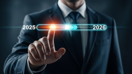 Businessman touches futuristic progress bar showing transition from 2025 to 2026