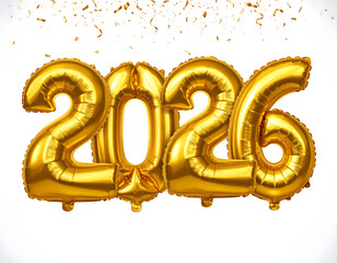 Radiant golden foil balloons spell out '2026' under a shower of glittering confetti, embodying the joy and anticipation of new year festivities and future celebrations