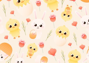 Cute seamless pattern with baby chicks, bunnies, and flowers for easter