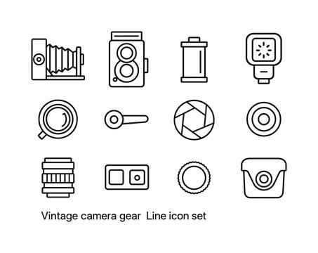 Vintage Camera Icons. Vintage camera gear. Line icon set of vint