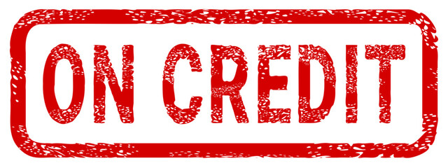 Rectangular rubber stamp in red, grunge ink texture, displaying the capitalized text "ON CREDIT". Concept for purchase, debt, or financing. (cut out)