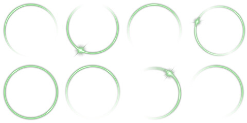 Neon glowing green rings with orbit effect and radial flare. Futuristic motion circle for digital artwork, gaming UI, space-inspired backgrounds, high-tech banners and illuminated particle effects.