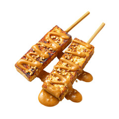 Two perfectly grilled tofu skewers generously drizzled with creamy peanut satay sauce and crushed nuts. An plant-forward appetizer highlighting global fusion flavors and street food trends.