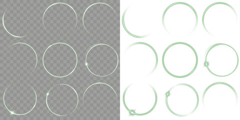 Futuristic motion circle for digital artwork, gaming UI, space-inspired backgrounds, high-tech banners and illuminated particle effects. Neon glowing green rings with orbit effect and radial flare.