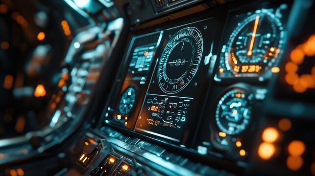 Close-up view of a modern digital dashboard displaying various gauges and controls in a dimly lit interior space