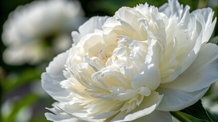 Close-Up of a White Peony flowers blooming. Detail macro shot of delicate texture of white peony