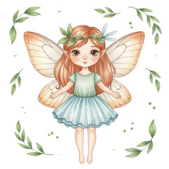 Whimsical Forest Fairy: An illustration of a sweet fairy with delicate wings, adorned with a leafy crown, standing gracefully in a whimsical forest scene.