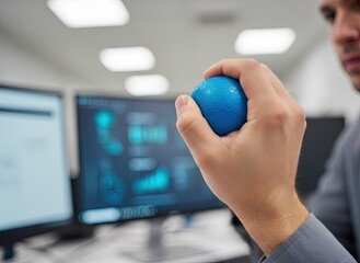 Close up Of A Man Squeezing A Blue Stress Ball In An Office Environment With Monitors Showing Data Graphs And Charts In The Background