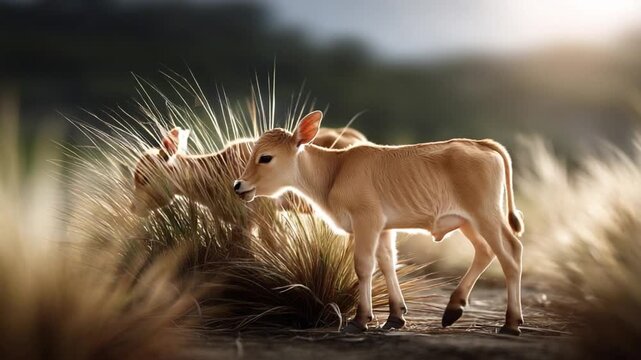 Playful calves trotting through a rural field, side angle view, morning sunlight, soft depth of field, peaceful countryside mood