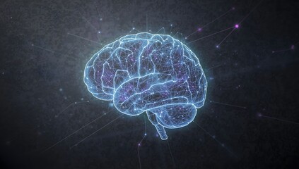 A glowing blue digital rendering of the human brain representing a complex neural network