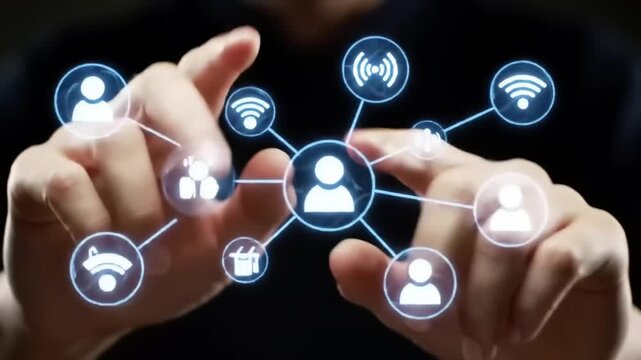 Network of connected icons representing communication and technology