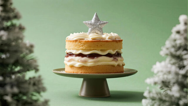 Christmas mini sponge cake with silver star topper on green background with fir trees