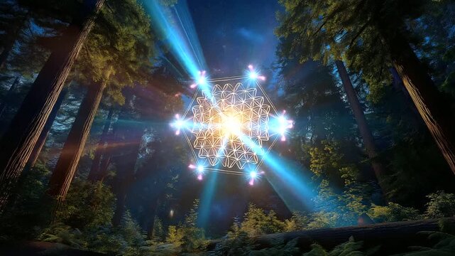 Abstract representation of spiritual ascension through geometric light vehicle in forest, with copy space