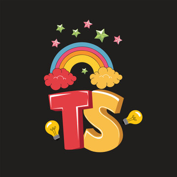 Colorful TS Design with Rainbow, Stars, and Lightbulbs