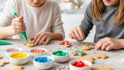 Children decorate Christmas homemade cookies with colorful icing and sprinkles, capturing a cozy moment of holiday baking and festive creativity. Selective focus.