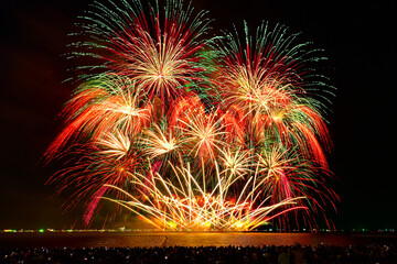 Colorful fireworks celebration and the night sky background with crowded people on the beach.