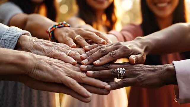 Diverse group of women joining hands in unity and support.