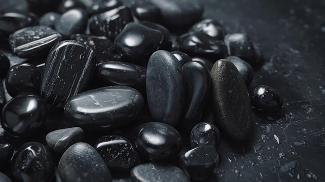 Glossy Obsidian Cascade Dark Pebbles on Stone Slab