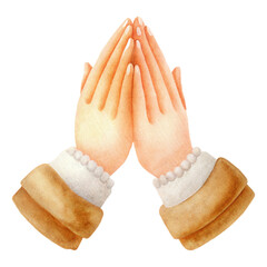 Watercolor praying hands illustration with rosary Christian faith symbol