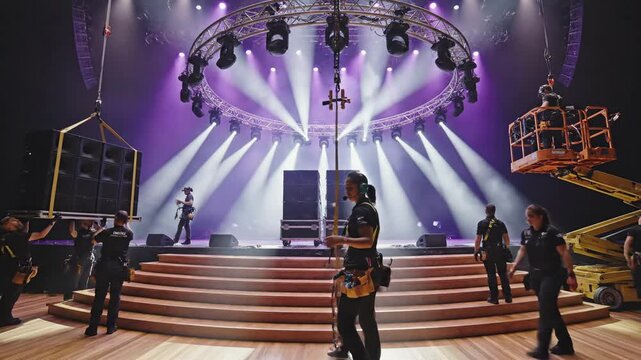 Stage production crew installing rigging and lighting equipment before performance