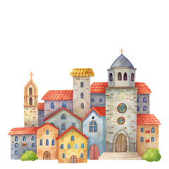 Watercolor medieval church town illustration with colorful houses and domes