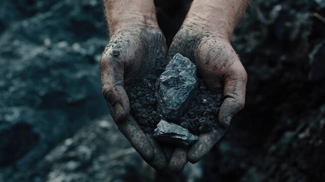 Coal mining in quarry. Coal in hands of man on background of open pit mine. Coal on the palm