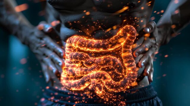 Food poisoning causing pain in man's stomach concept. Suffering from abdominal pain with stomach ache or inflammation in the abdomen area.
