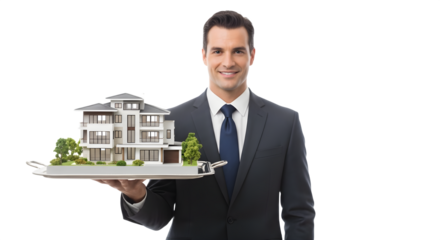 Smiling real estate agent professionally presents stunning luxury home model on silver serving tray for buyers