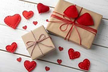 Romantic Gift Flat Lay &ndash; Wrapped Presents with Red Hearts on White Wooden Background