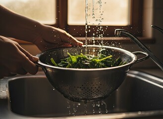 Hands Washing Fresh Green Spinach Leaves in a Metal Colander Under Running Water in a Kitchen Sink