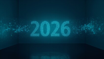 Glowing numeric 2026 dominating back wall of dark gallery, emitting teal particles and reflections