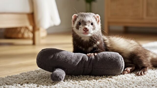 A ferret interacting with a gray plush toy on a carpet, playing and looking at the camera indoors as a domestic pet.