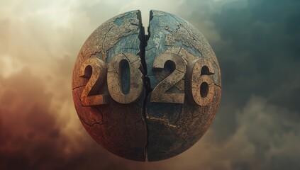 Floating cracked stone globe showing embossed 2026 and central fissure over stormy sky, cinematic