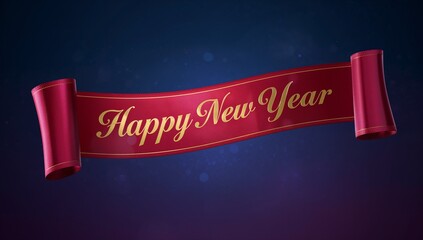 Showing maroon ribbon featuring gold trim, rolled ends, and Happy New Year on navy purple gradient