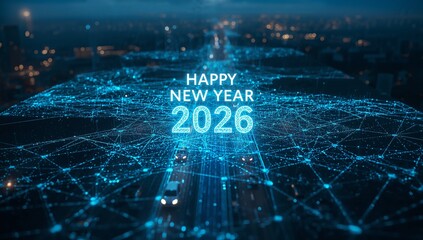 Showing HAPPY NEW YEAR 2026 text over aerial night multilane highway, showing digital grid and cars