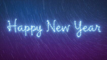 Glowing Happy New Year script sparkling across purple night sky, with blue-white points and streaks