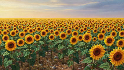 Obraz premium Vast Sunflower Field Under Golden Sunset Sky With Blue Hues And Distant Horizon Agriculture Nature Scenic View