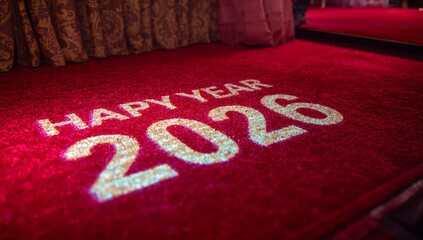 Projecting glittering HAPPY YEAR 2026 text across red plush carpet, banquet entrance with drapes