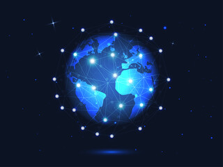 Global Network Connection World Map – Digital Earth with Connected Nodes and Lines for Technology, Business, Internet, and Communication Concept Vector Illustration
