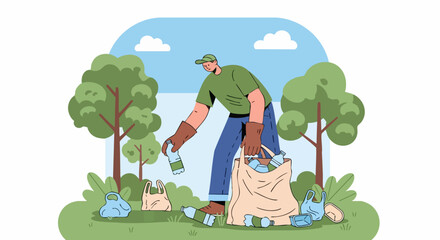 Gloves picking trash, community cleanup scene with volunteer trash collection and outdoor eco activity, suitable for poster design, article header, and environmental awareness campaigns.