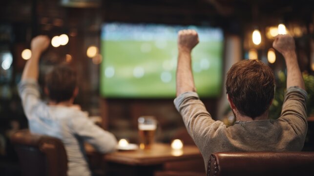 Excited soccer fans fill a vibrant bar, near a big screen TV, joyfully shouting and cheering as their team scores. Laughter and camaraderie fill the atmosphere on a thrilling match night - Powered by Adobe
