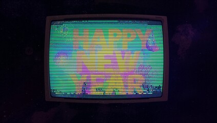 Displaying CRT TV showing HAPPY NEW YEAR on dark studio backdrop, with scanlines and RGB glitches