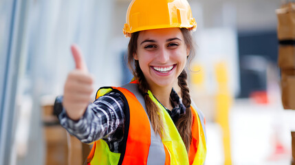 A smiling woman wearing a protective hard hat and a reflective vest, gives a thumbs up. The person is in a construction setting where safety and visibility are important.