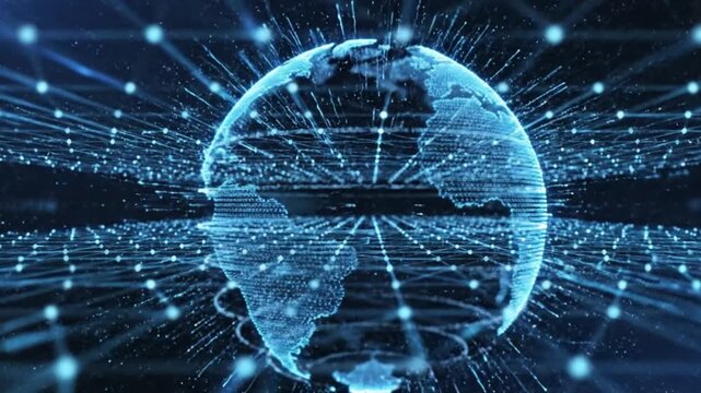 Abstract technology background with digital earth globe connection lines and dots 3d render of global network data flow for artificial intelligence or cyberspace concept. Ai Generated