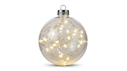 A clear glass Christmas ornament filled with warm white LED fairy lights, isolated on a white background.