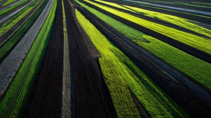 Aerial view of vibrant farmland with strips of varying colors and textures